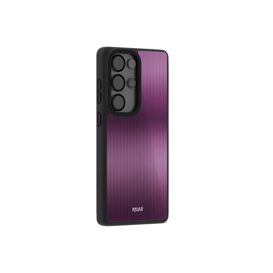 Purple fluted glass Samsung Galaxy case at a side angle showing the wrapped button covers