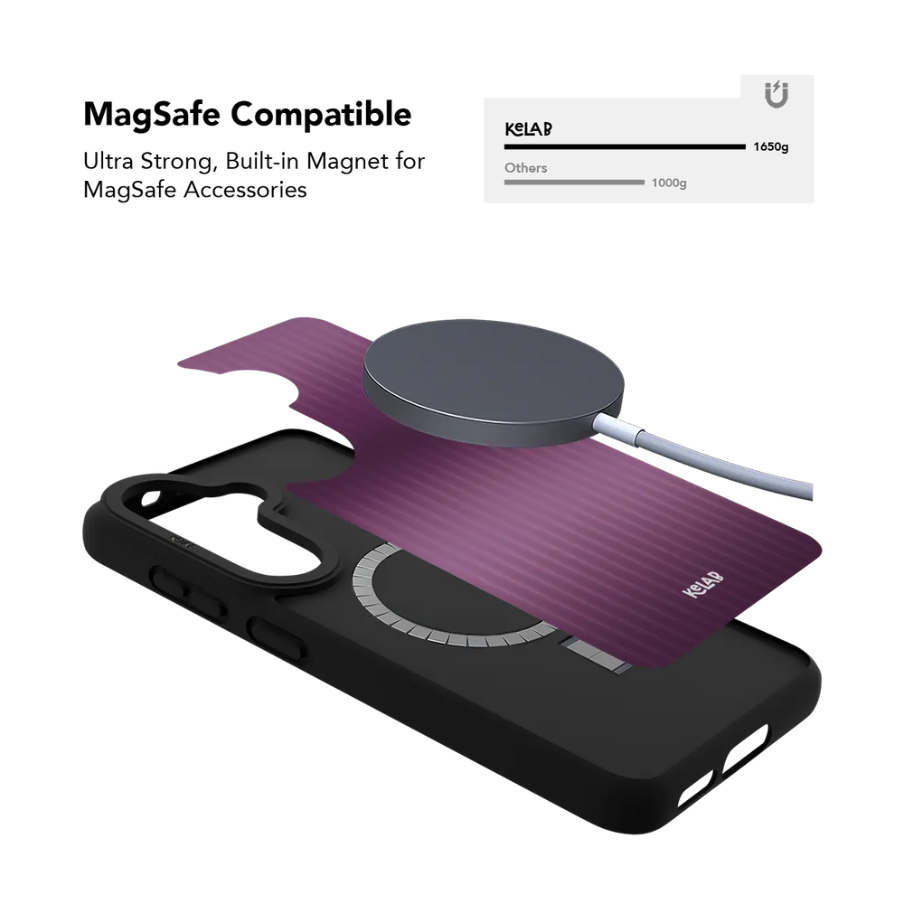 Purple fluted glass Samsung Galaxy case holding a magnetic wireless charger through the built in ring
