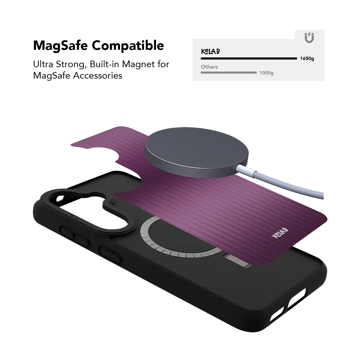 Purple fluted glass Samsung Galaxy case holding a magnetic wireless charger through the built in ring