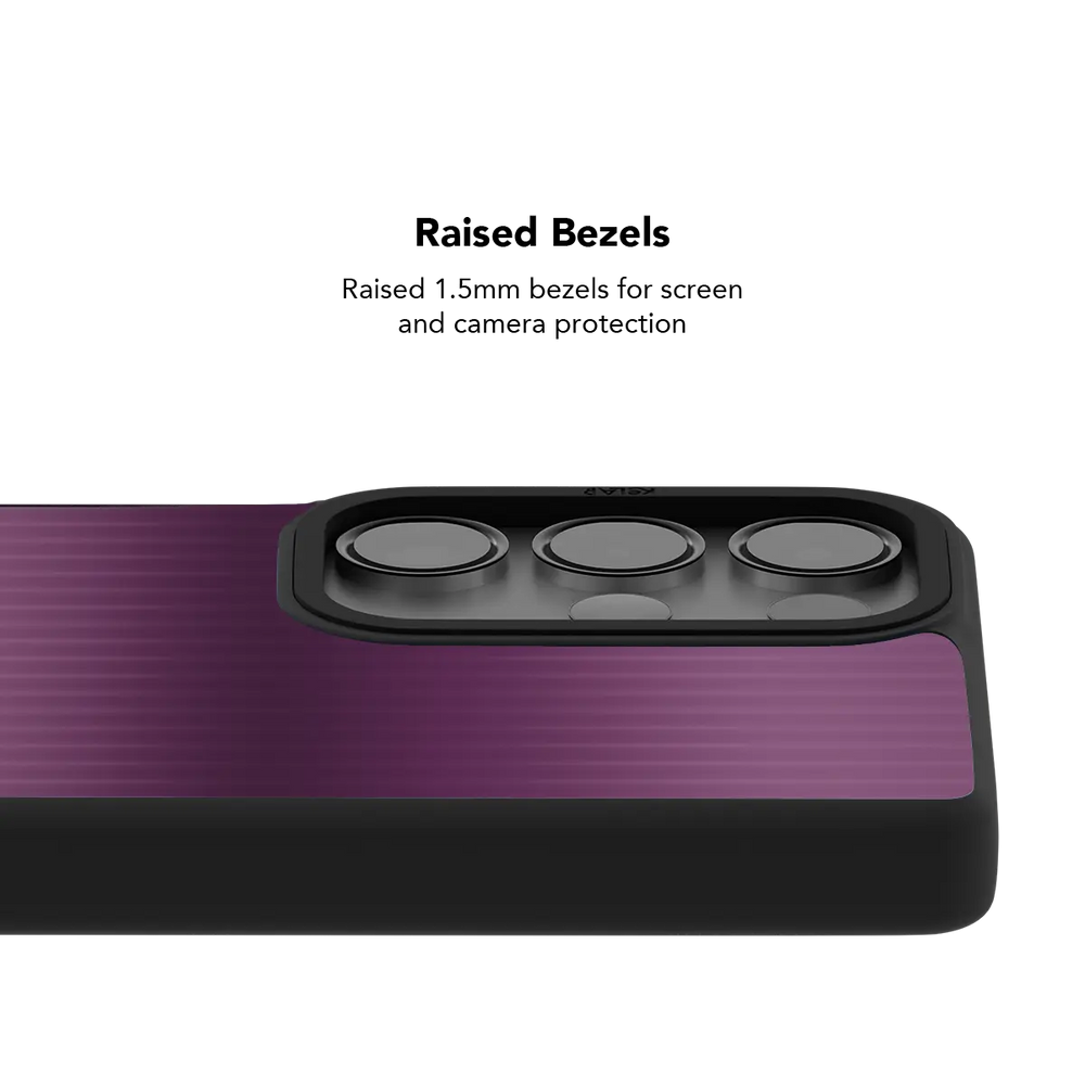 Raised bezel on the purple gradient Galaxy case lifting the camera lenses clear of a flat surface