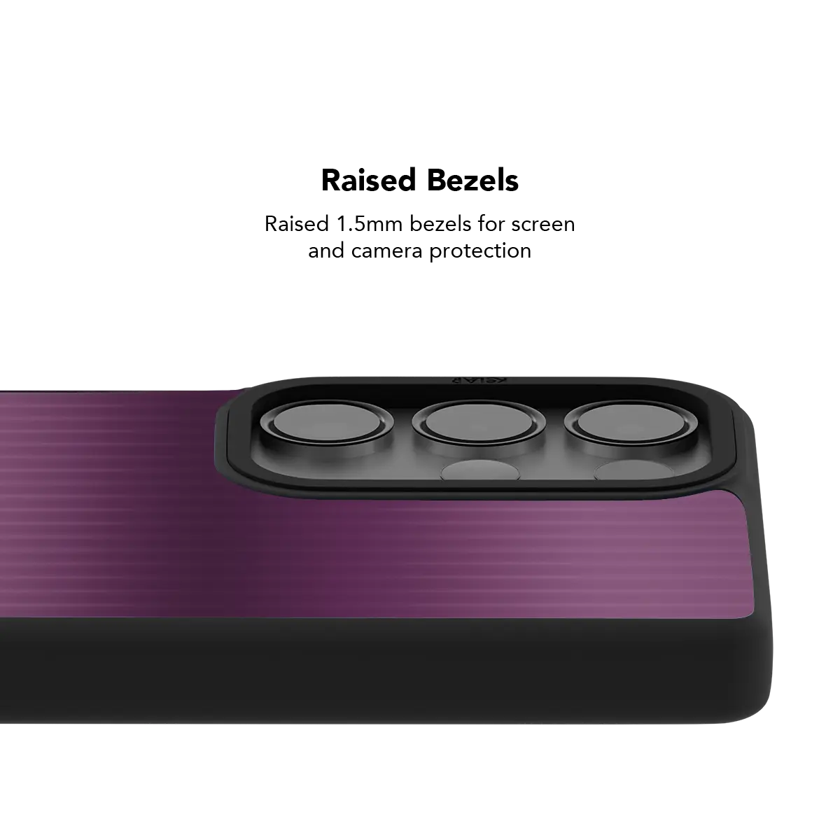 Raised bezel on the purple gradient Galaxy case lifting the camera lenses clear of a flat surface