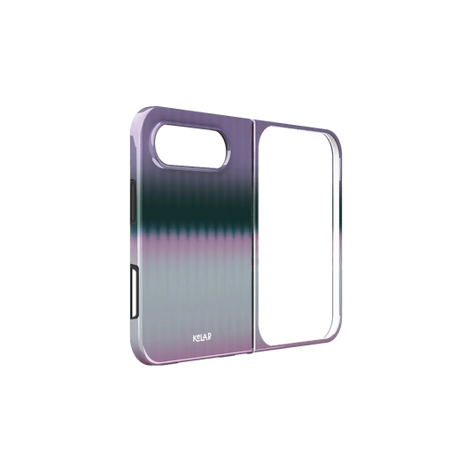 Pink Gradient Fluted Glass, Dusk iPhone 18 Fold Case, unfolded side view showing the hinge