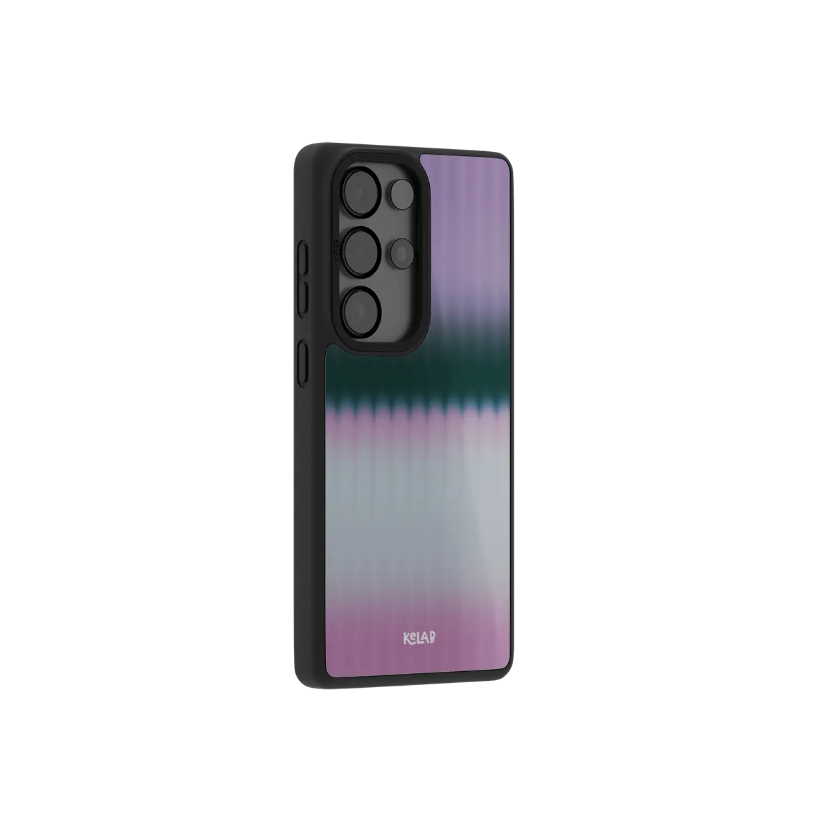 Pink fluted glass Samsung Galaxy case at a side angle showing the wrapped button covers