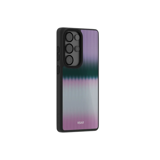 Pink fluted glass Samsung Galaxy case at a side angle showing the wrapped button covers