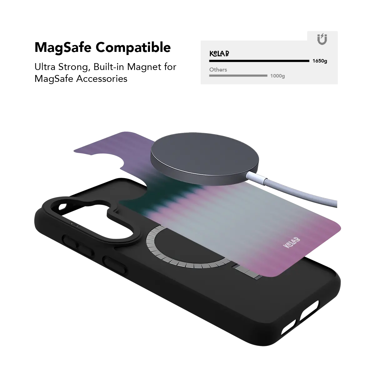 Pink fluted glass Samsung Galaxy case holding a magnetic wireless charger through the built in ring