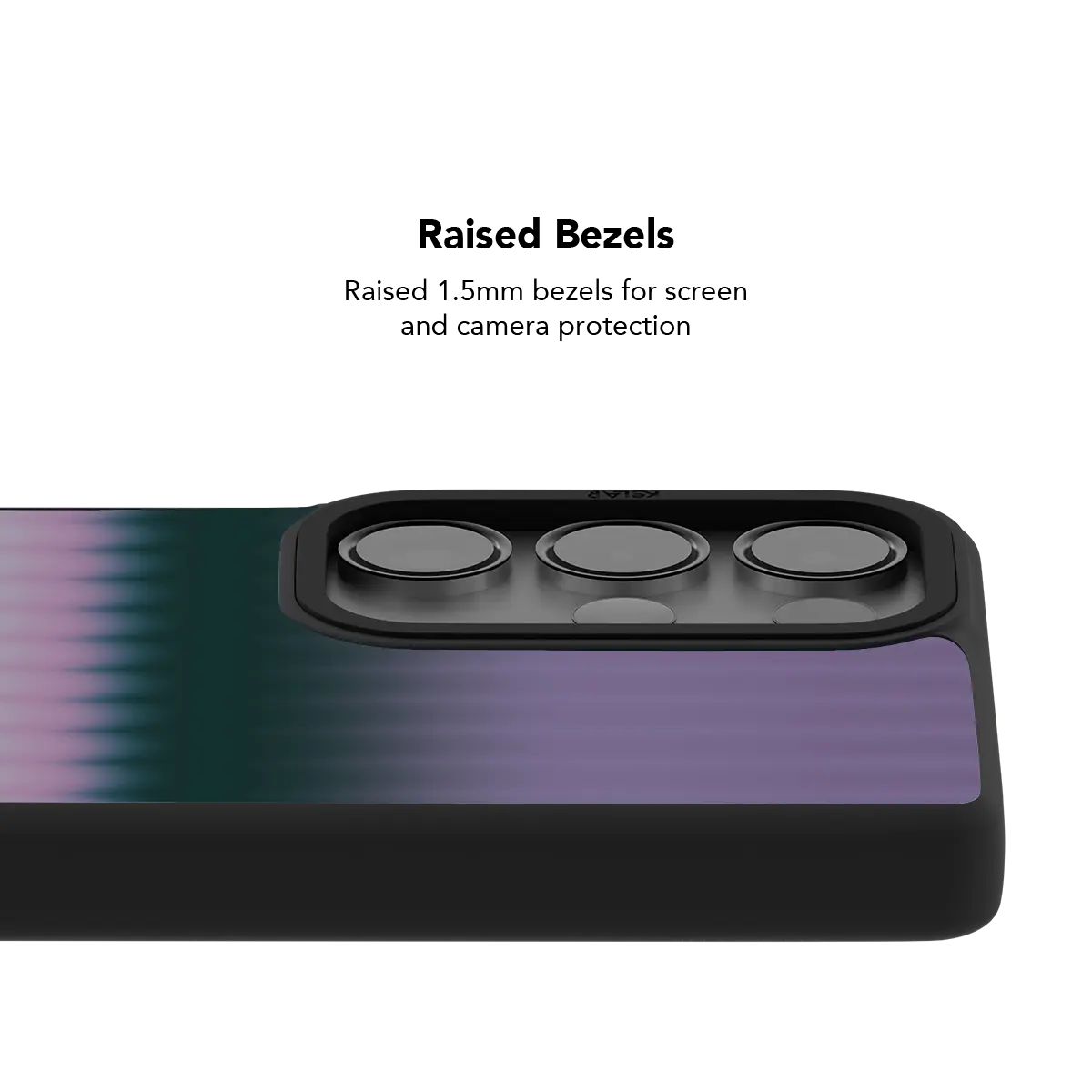 Raised bezel on the pink gradient Galaxy case lifting the camera lenses clear of a flat surface
