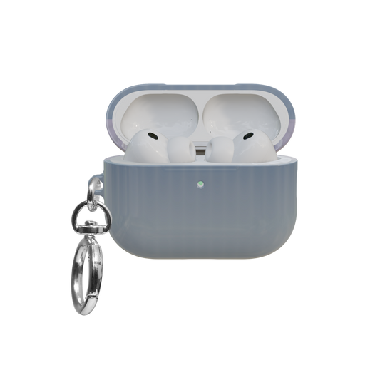Blue Fluted Glass Gradient Ombre airpods pro case front view with open lid and keychain