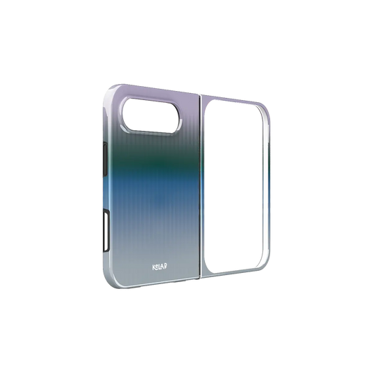 Blue Gradient Fluted Glass, Twilight iPhone 18 Fold Case, unfolded side view showing the hinge