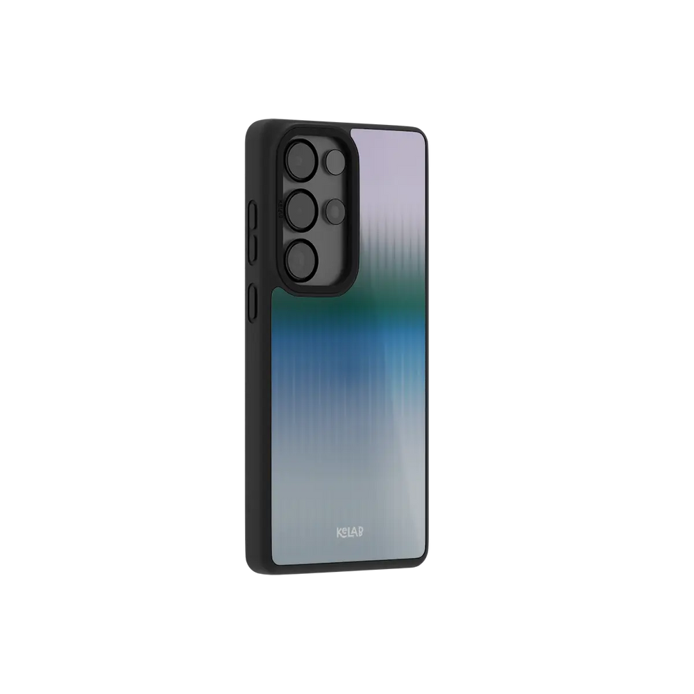 Blue fluted glass Samsung Galaxy case at a side angle showing the wrapped button covers