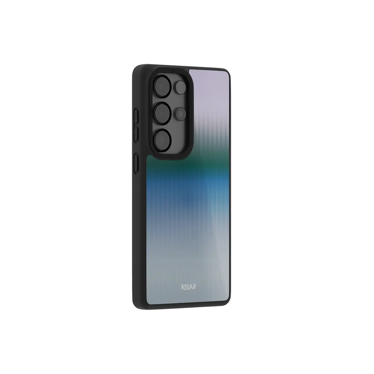 Blue fluted glass Samsung Galaxy case at a side angle showing the wrapped button covers