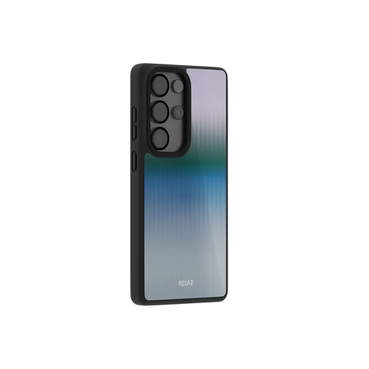 Blue fluted glass Samsung Galaxy case at a side angle showing the wrapped button covers