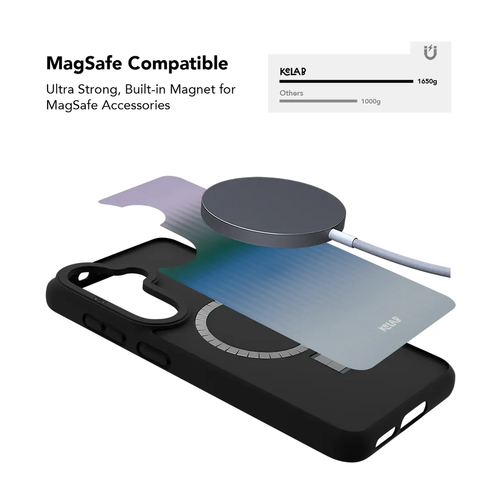 Blue fluted glass Samsung Galaxy case holding a magnetic wireless charger through the built in ring