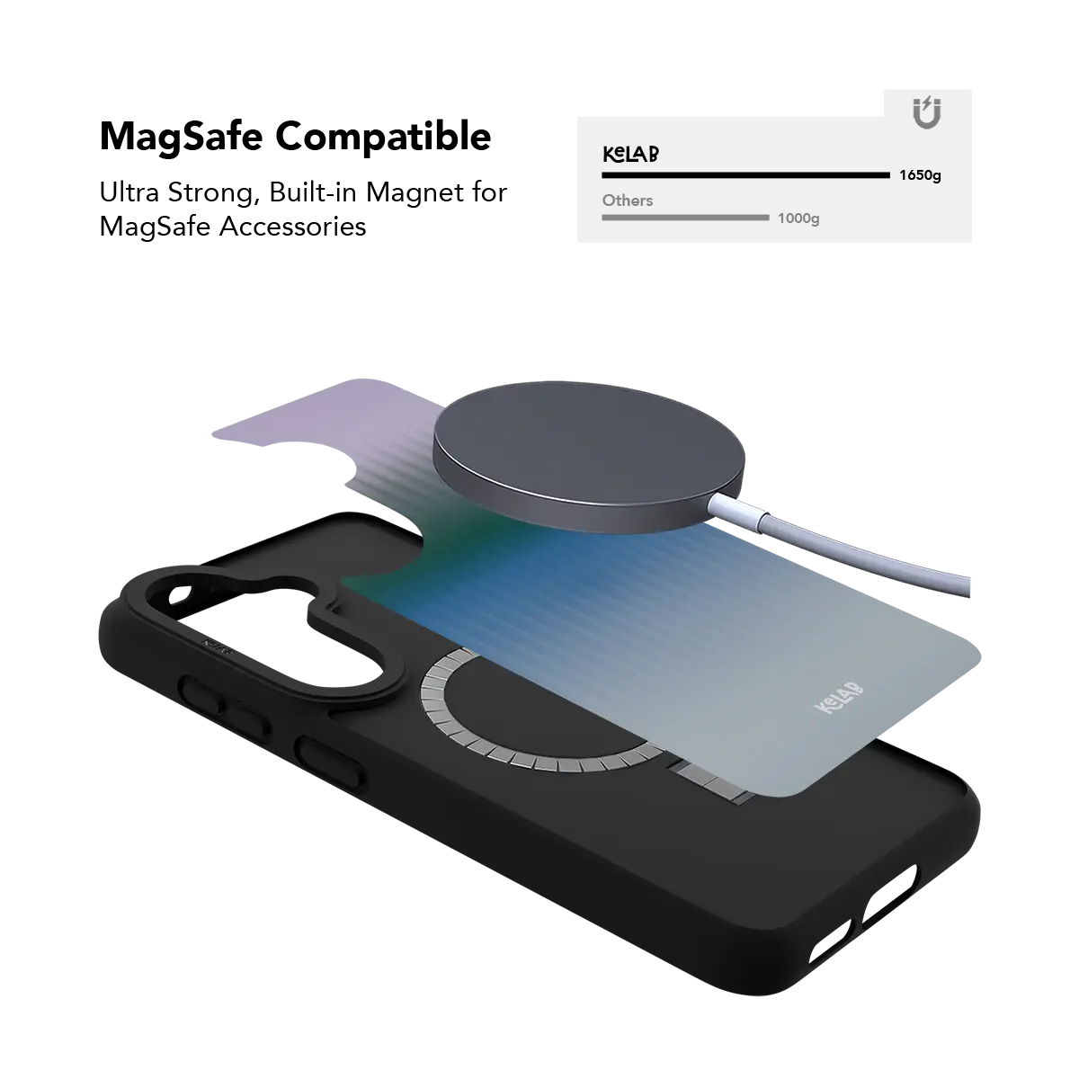 Blue fluted glass Samsung Galaxy case holding a magnetic wireless charger through the built in ring