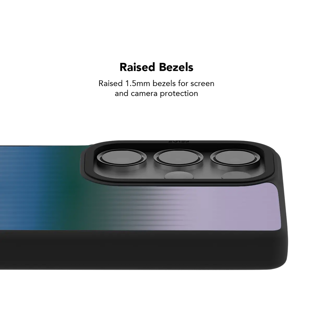 Raised bezel on the blue gradient Galaxy case lifting the camera lenses clear of a flat surface