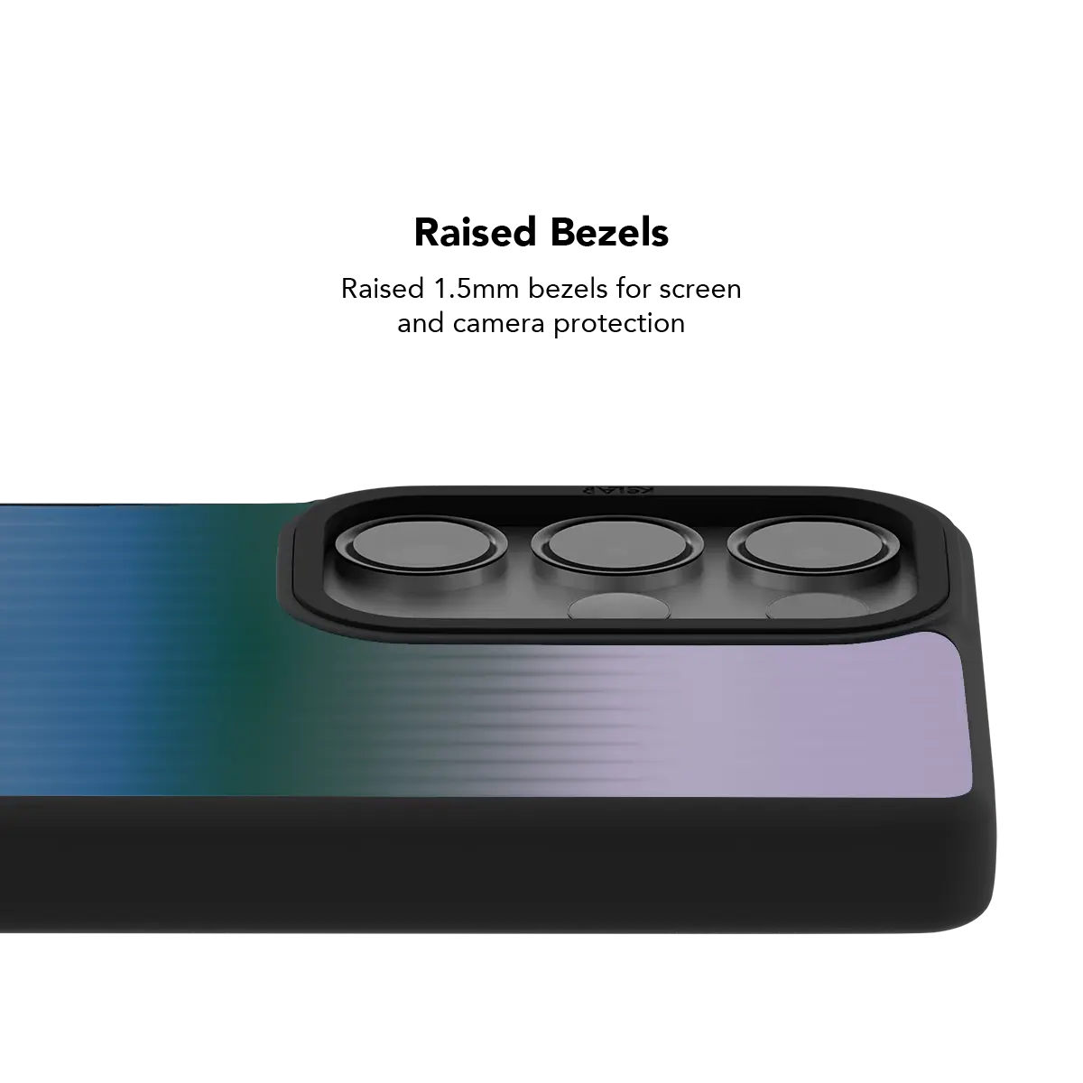 Raised bezel on the blue gradient Galaxy case lifting the camera lenses clear of a flat surface