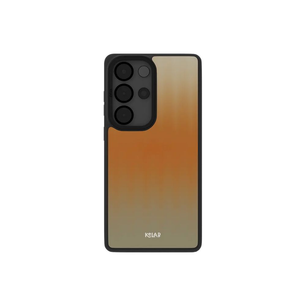 Orange gradient Samsung Galaxy case, back view with apricot to peach fluted glass ribbing around the camera cutout
