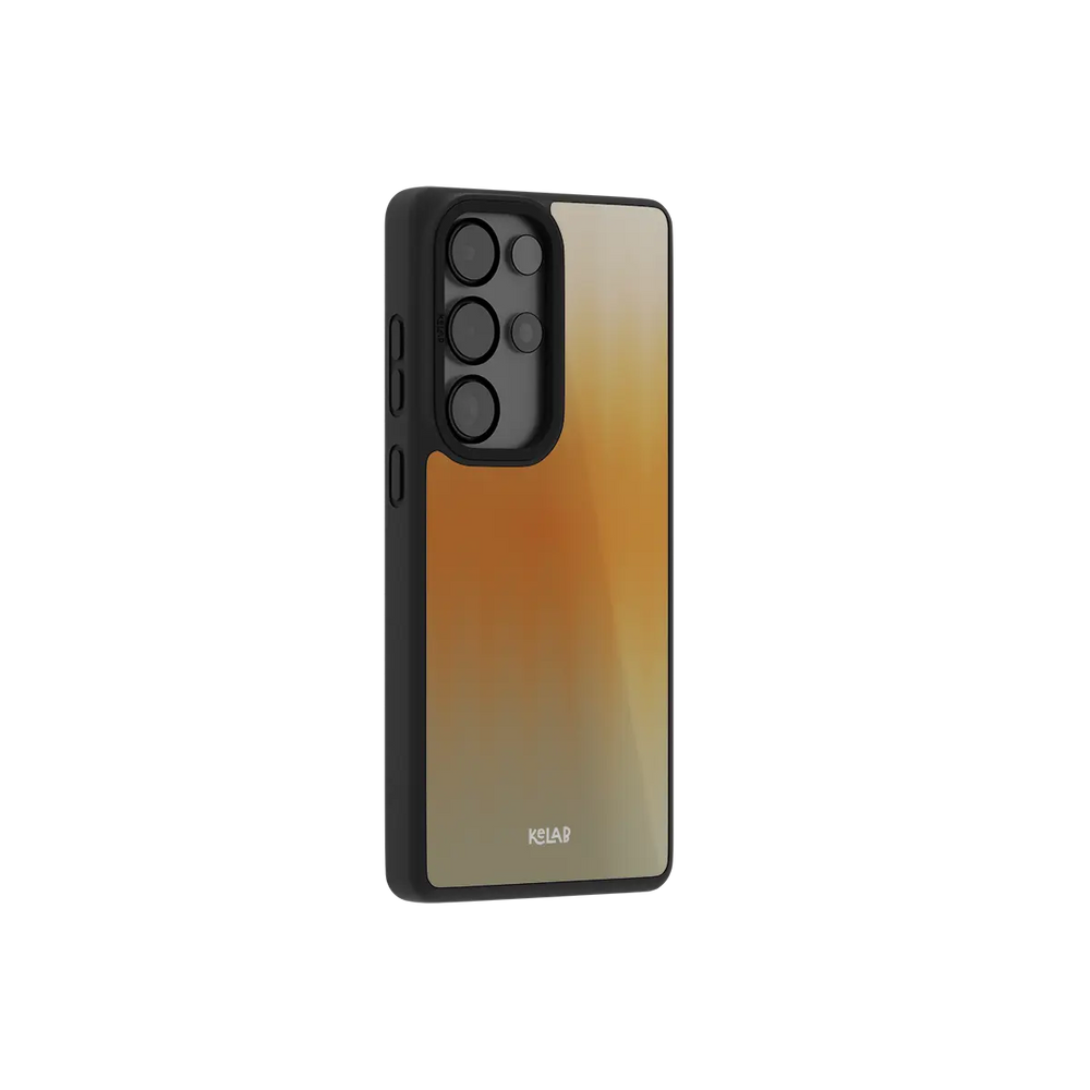 Orange fluted glass Samsung Galaxy case at a side angle showing the wrapped button covers