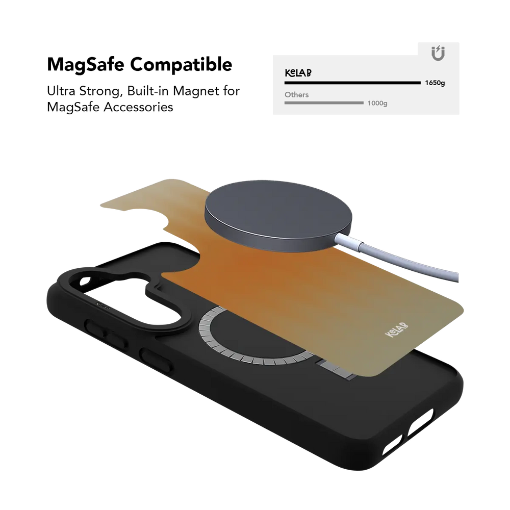Orange fluted glass Samsung Galaxy case holding a magnetic wireless charger through the built in ring