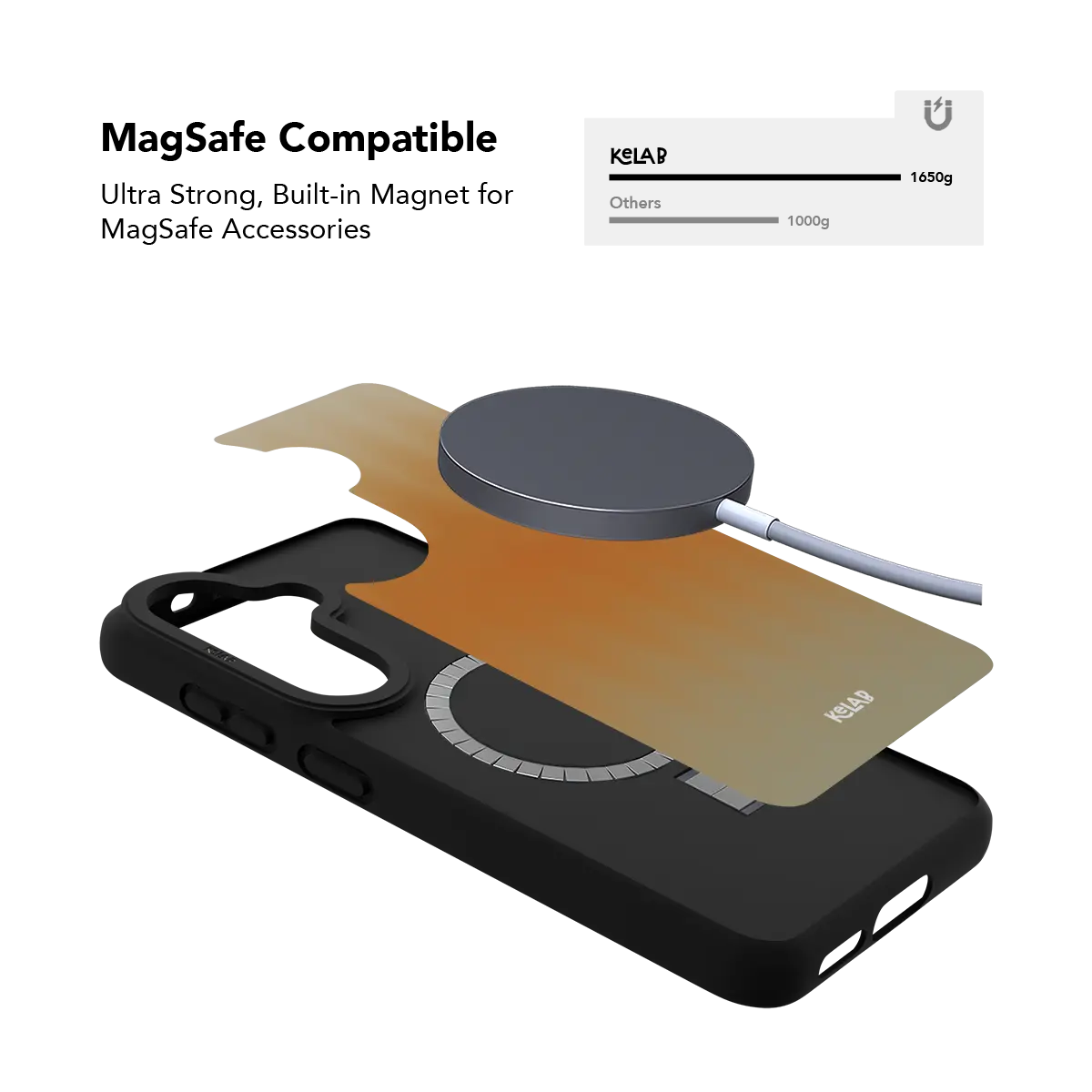 Orange fluted glass Samsung Galaxy case holding a magnetic wireless charger through the built in ring