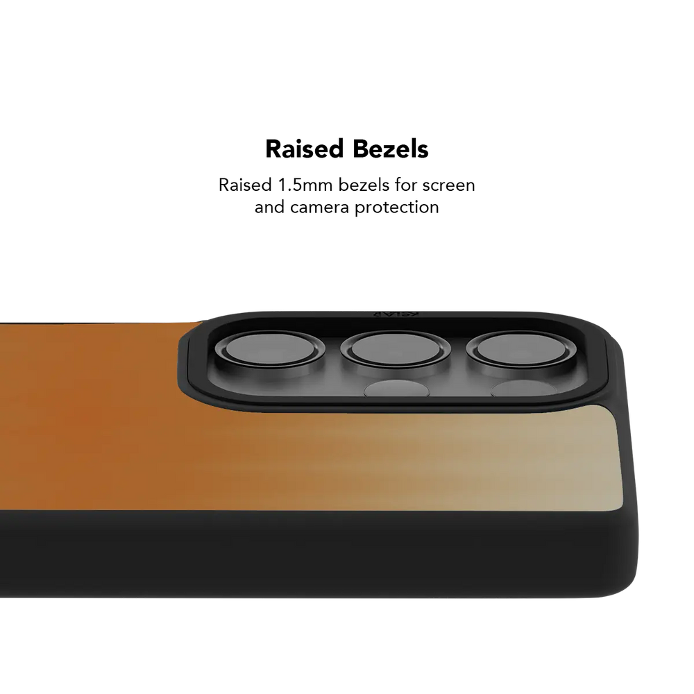 Raised bezel on the orange gradient Galaxy case lifting the camera lenses clear of a flat surface