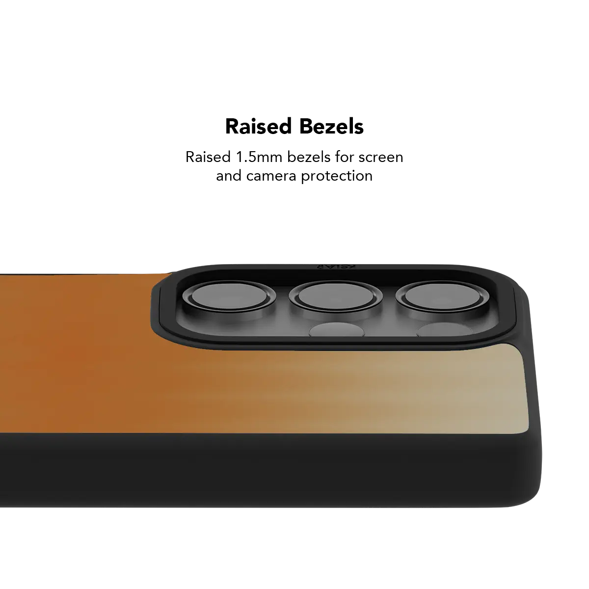 Raised bezel on the orange gradient Galaxy case lifting the camera lenses clear of a flat surface