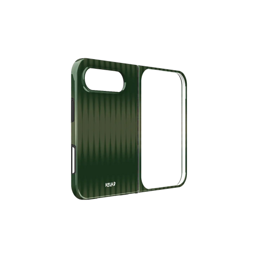 Olive Gradient Fluted Glass, Nature iPhone 18 Fold Case, unfolded side view showing the hinge