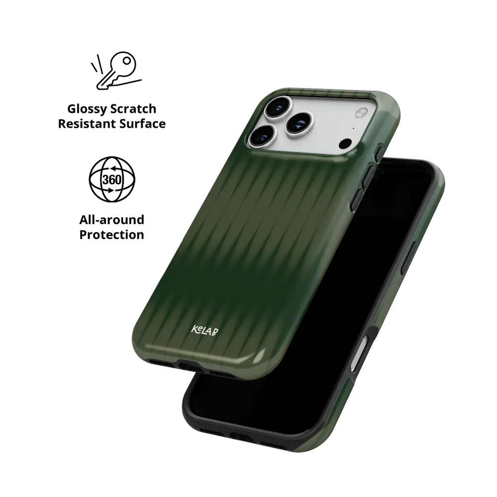 KELAB iPhone case with gradient fluted glass pattern, green polycarbonate shell and shock-absorbing liner