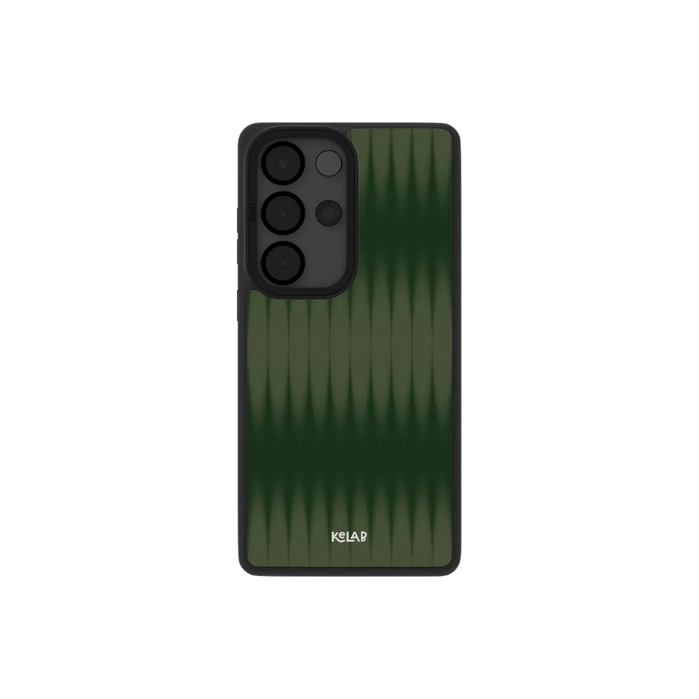 Olive gradient Samsung Galaxy case, back view with evergreen to jade fluted glass ribbing around the camera cutout