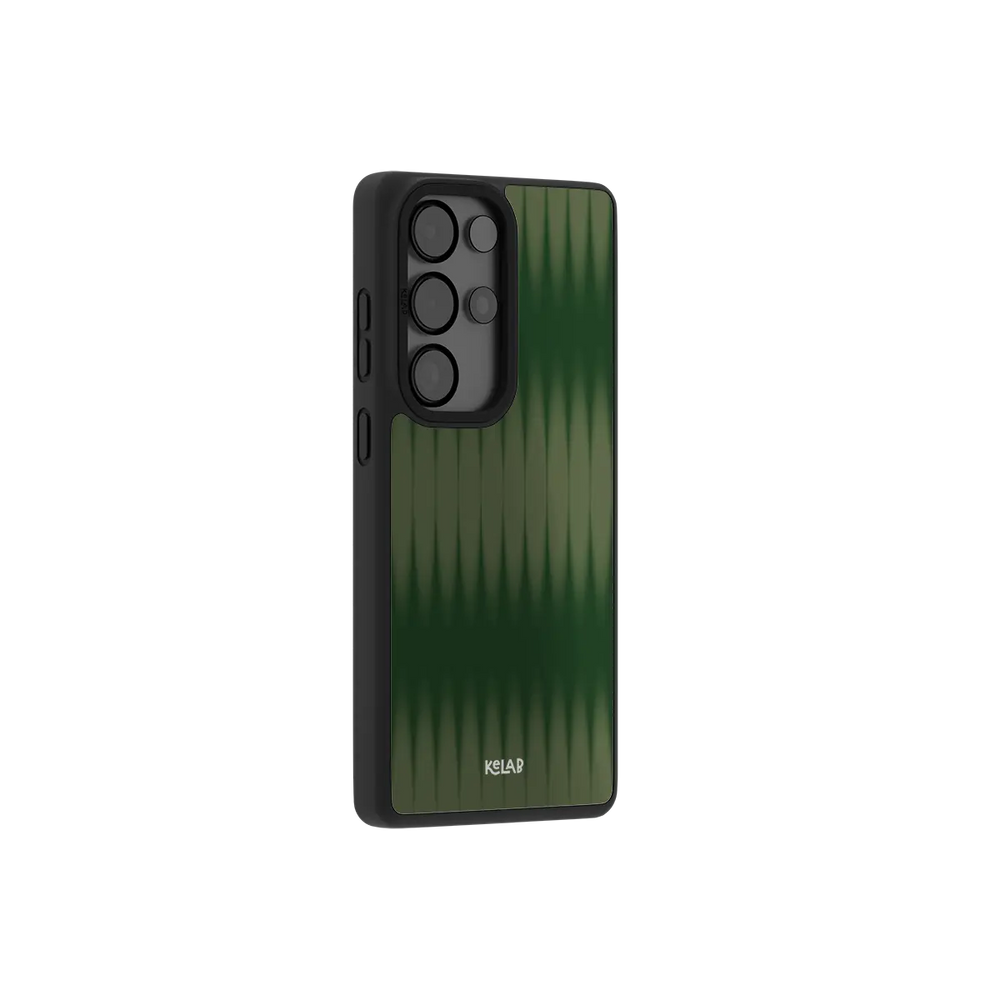 Olive fluted glass Samsung Galaxy case at a side angle showing the wrapped button covers