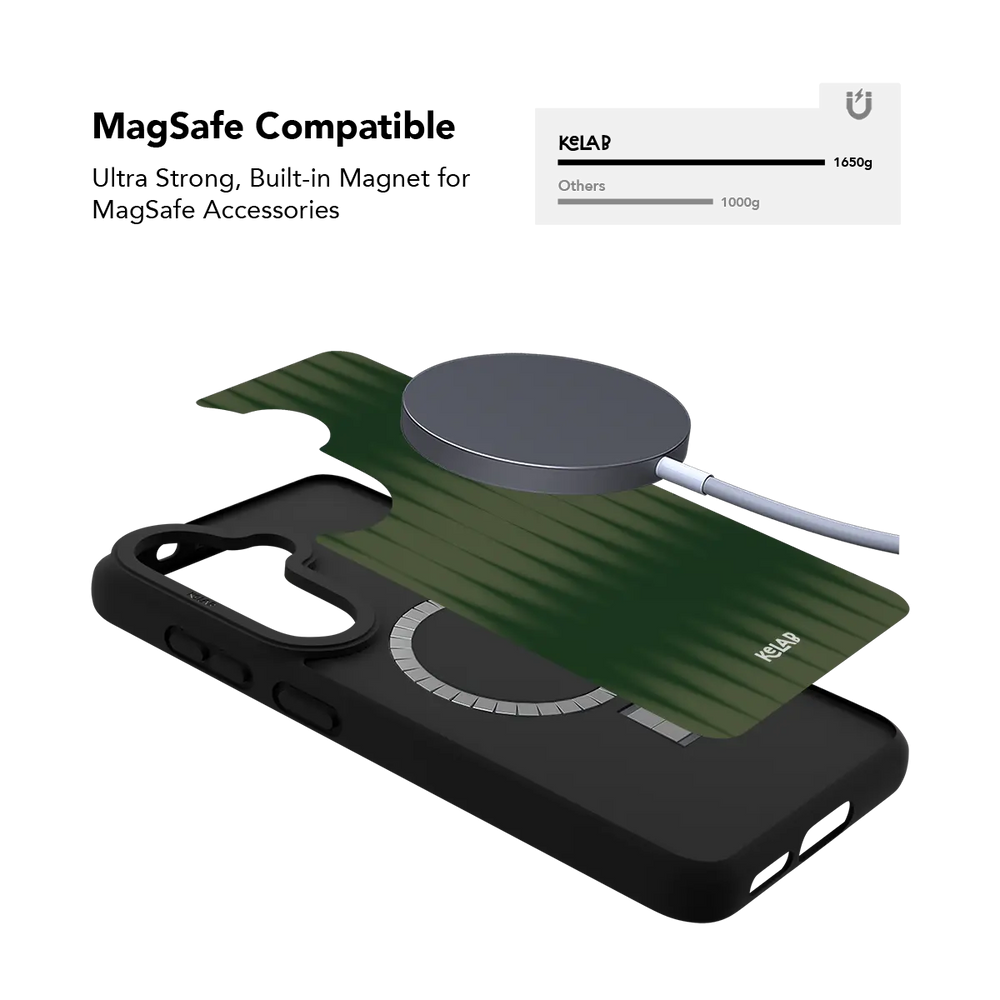 Olive fluted glass Samsung Galaxy case holding a magnetic wireless charger through the built in ring
