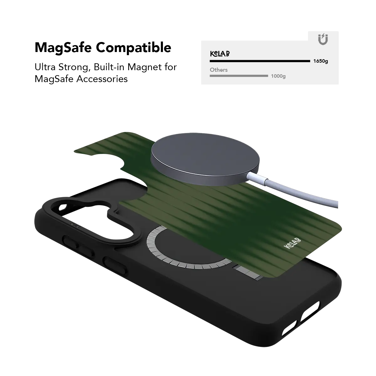 Olive fluted glass Samsung Galaxy case holding a magnetic wireless charger through the built in ring