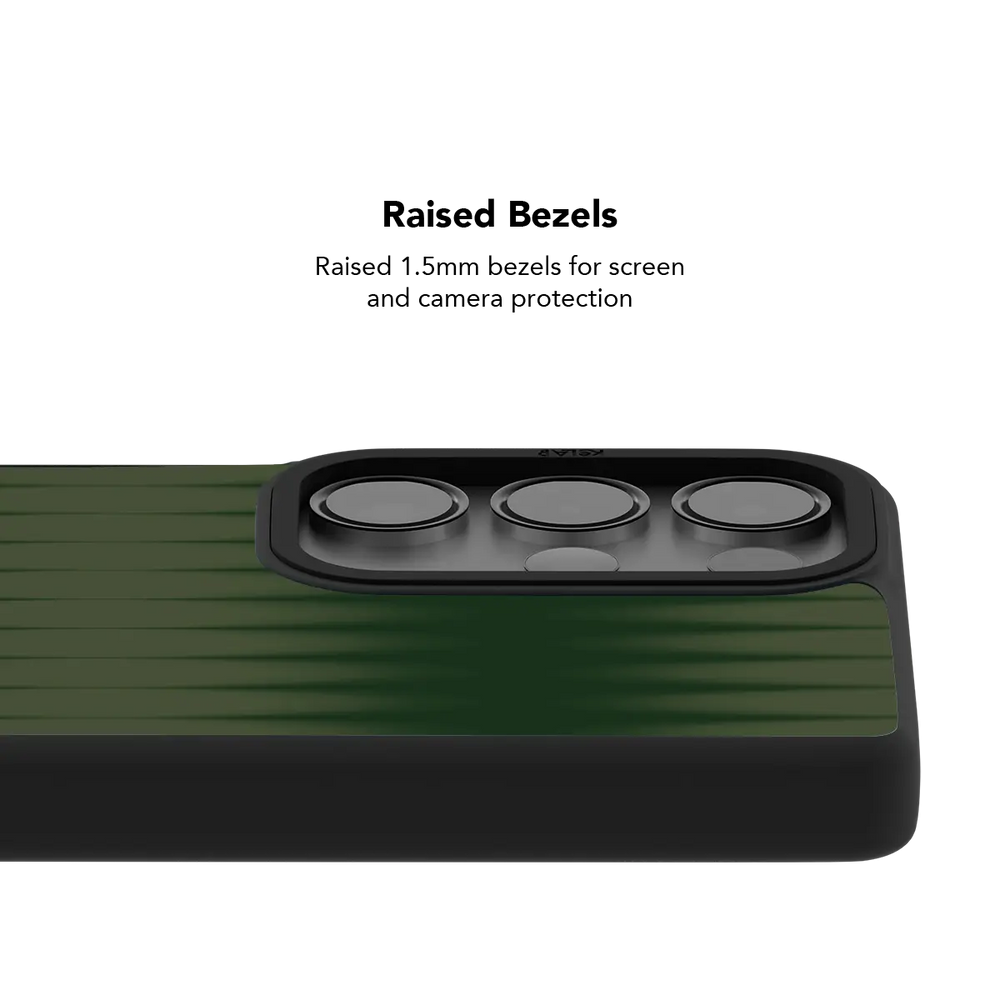 Raised bezel on the olive gradient Galaxy case lifting the camera lenses clear of a flat surface