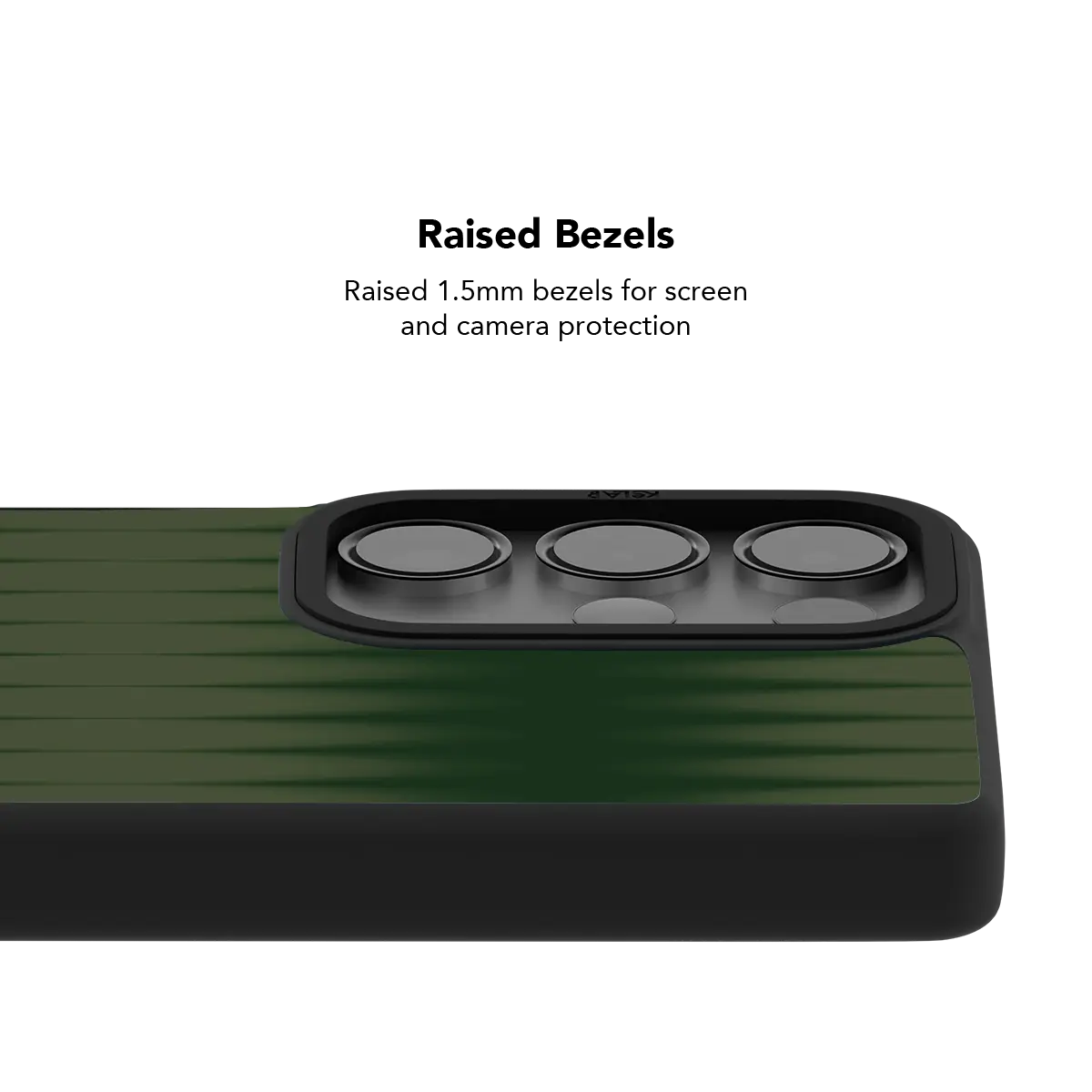 Raised bezel on the olive gradient Galaxy case lifting the camera lenses clear of a flat surface