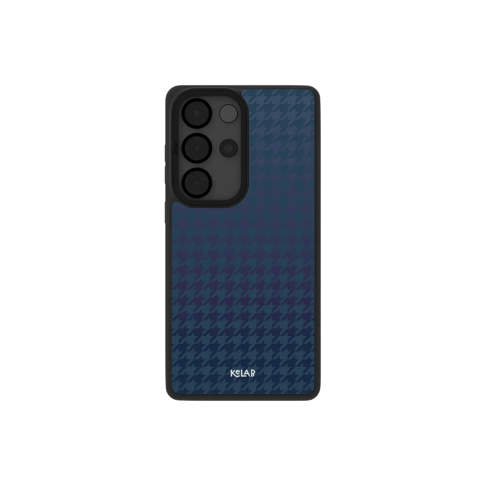 Blue houndstooth Samsung Galaxy case, back view with navy weave over an icy gradient around the camera cutout