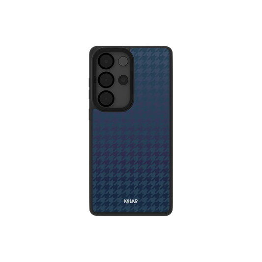 Blue houndstooth Samsung Galaxy case, back view with navy weave over an icy gradient around the camera cutout
