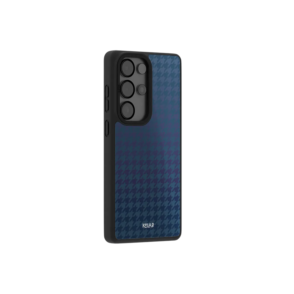 Blue houndstooth Samsung Galaxy case at a side angle showing the wrapped button covers