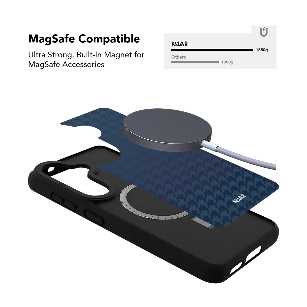 Blue houndstooth Samsung Galaxy case holding a magnetic wireless charger through the built in ring