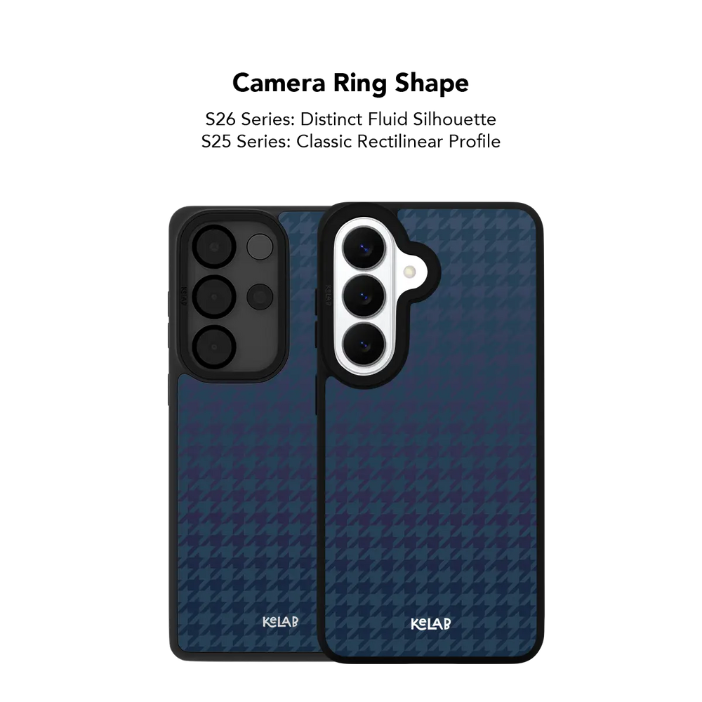 Close up of the camera ring cutout on the blue houndstooth Samsung Galaxy case