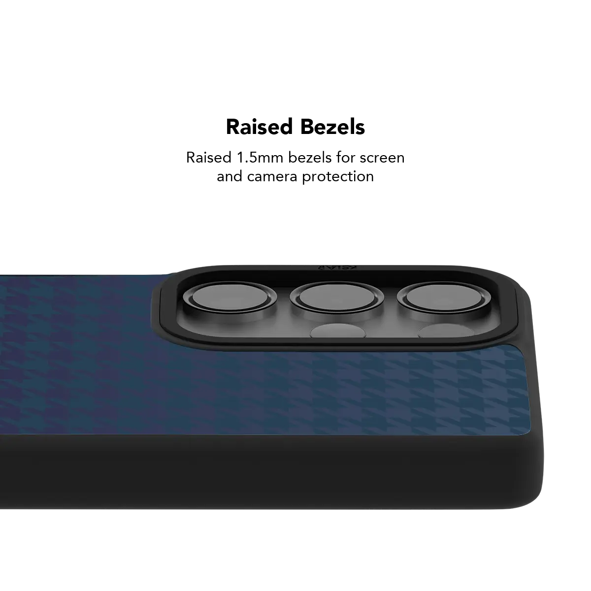 Raised bezel on the blue houndstooth Galaxy case lifting the camera lenses clear of a flat surface