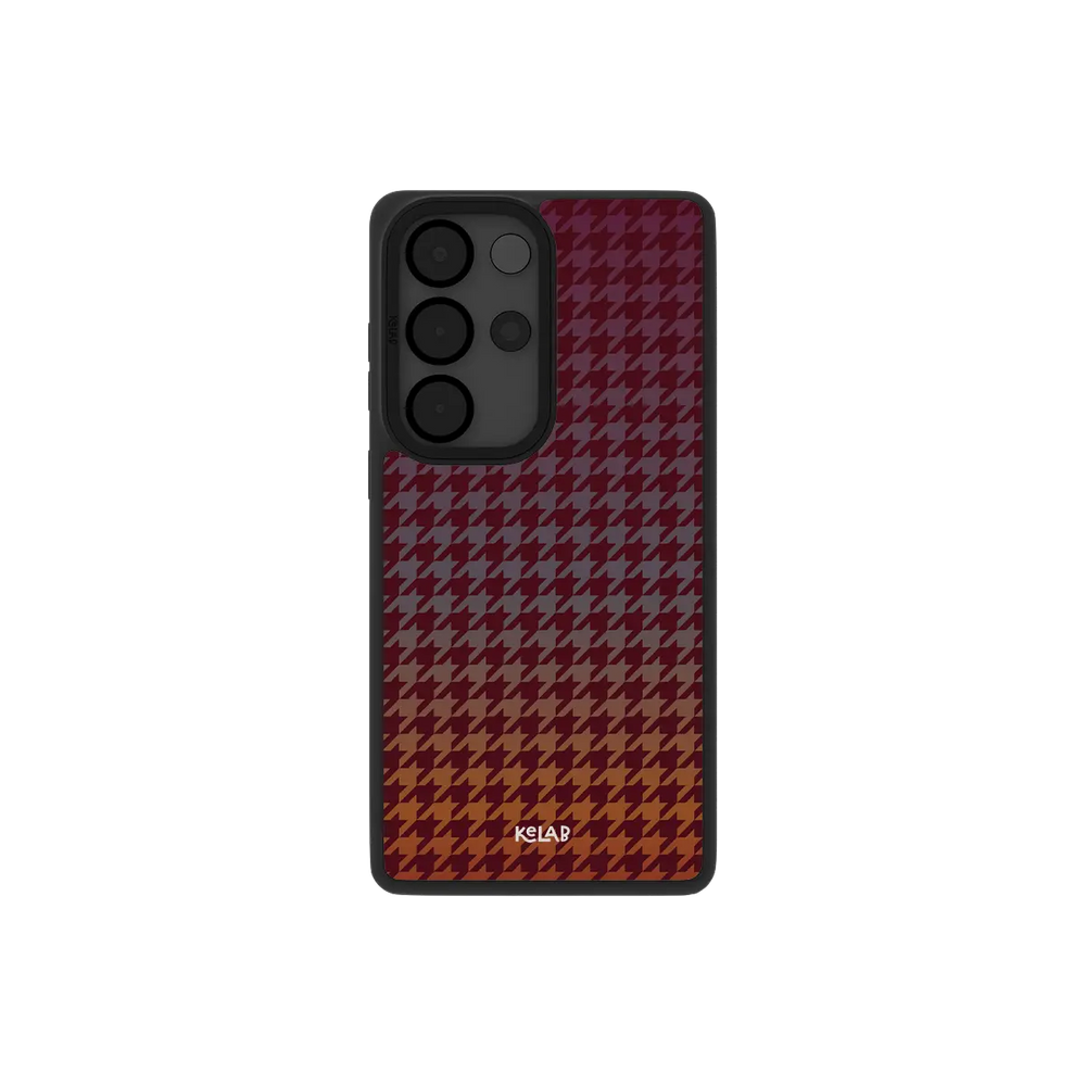 Burgundy houndstooth Samsung Galaxy case, back view with deep wine weave around the camera cutout