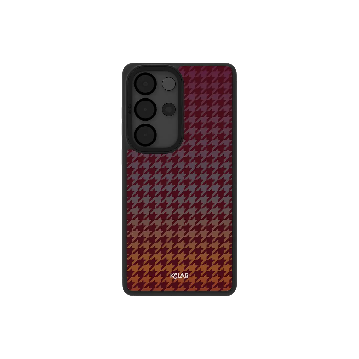 Burgundy houndstooth Samsung Galaxy case, back view with deep wine weave around the camera cutout