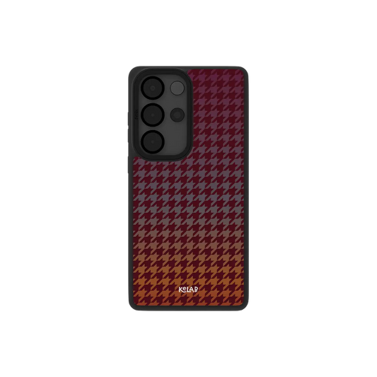 Burgundy houndstooth Samsung Galaxy case, back view with deep wine weave around the camera cutout