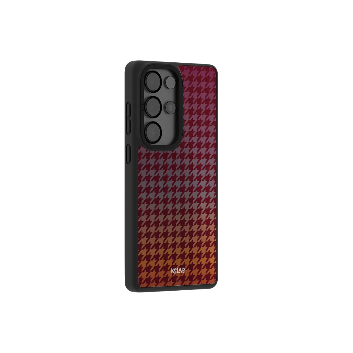 Burgundy houndstooth Samsung Galaxy case at a side angle showing the wrapped button covers