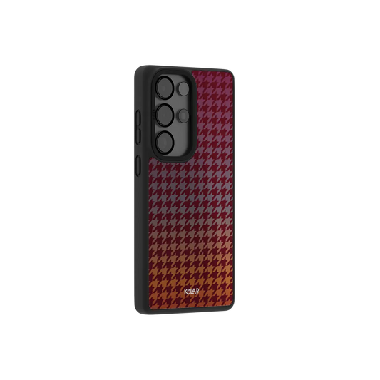 Burgundy houndstooth Samsung Galaxy case at a side angle showing the wrapped button covers