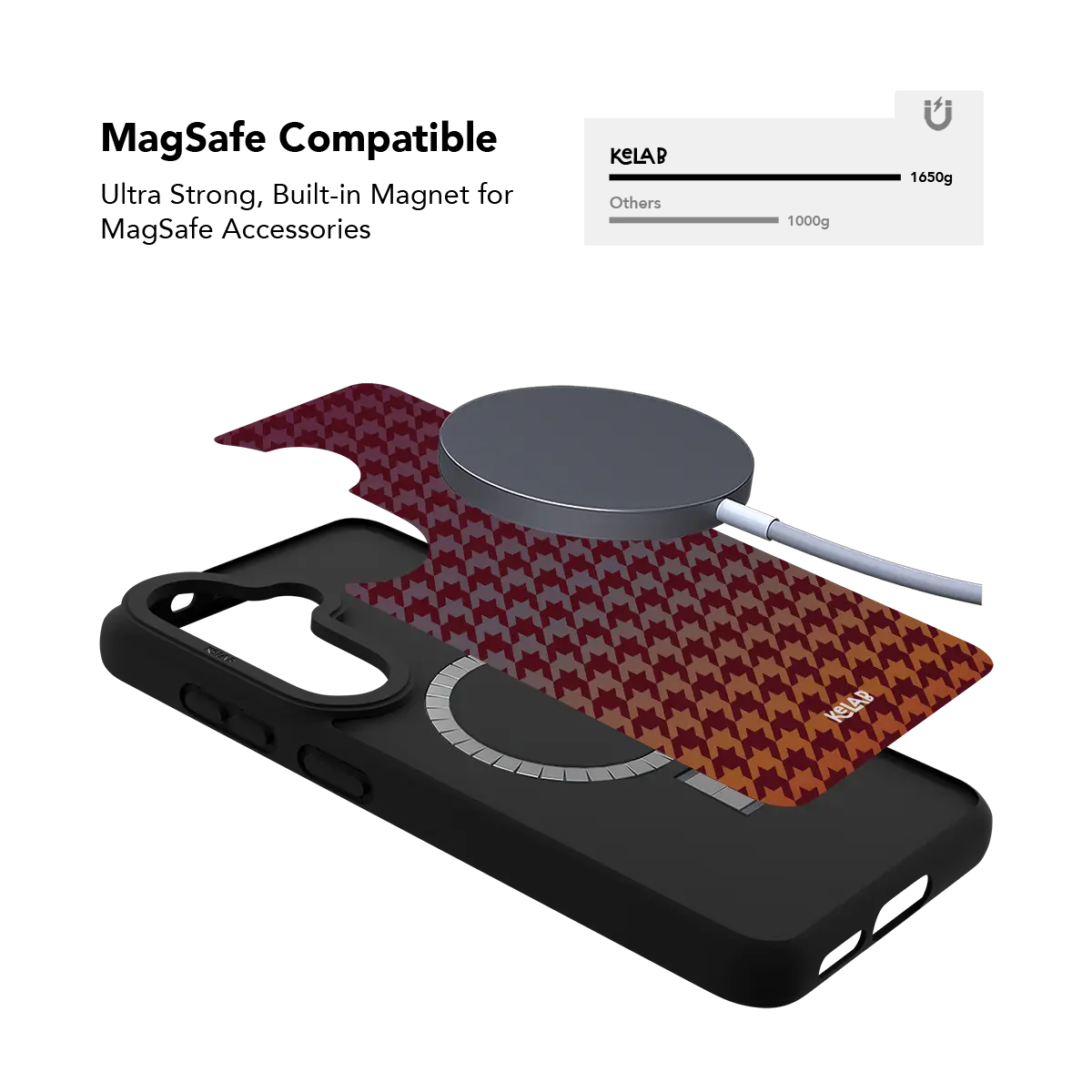 Burgundy houndstooth Samsung Galaxy case holding a magnetic wireless charger through the built in ring
