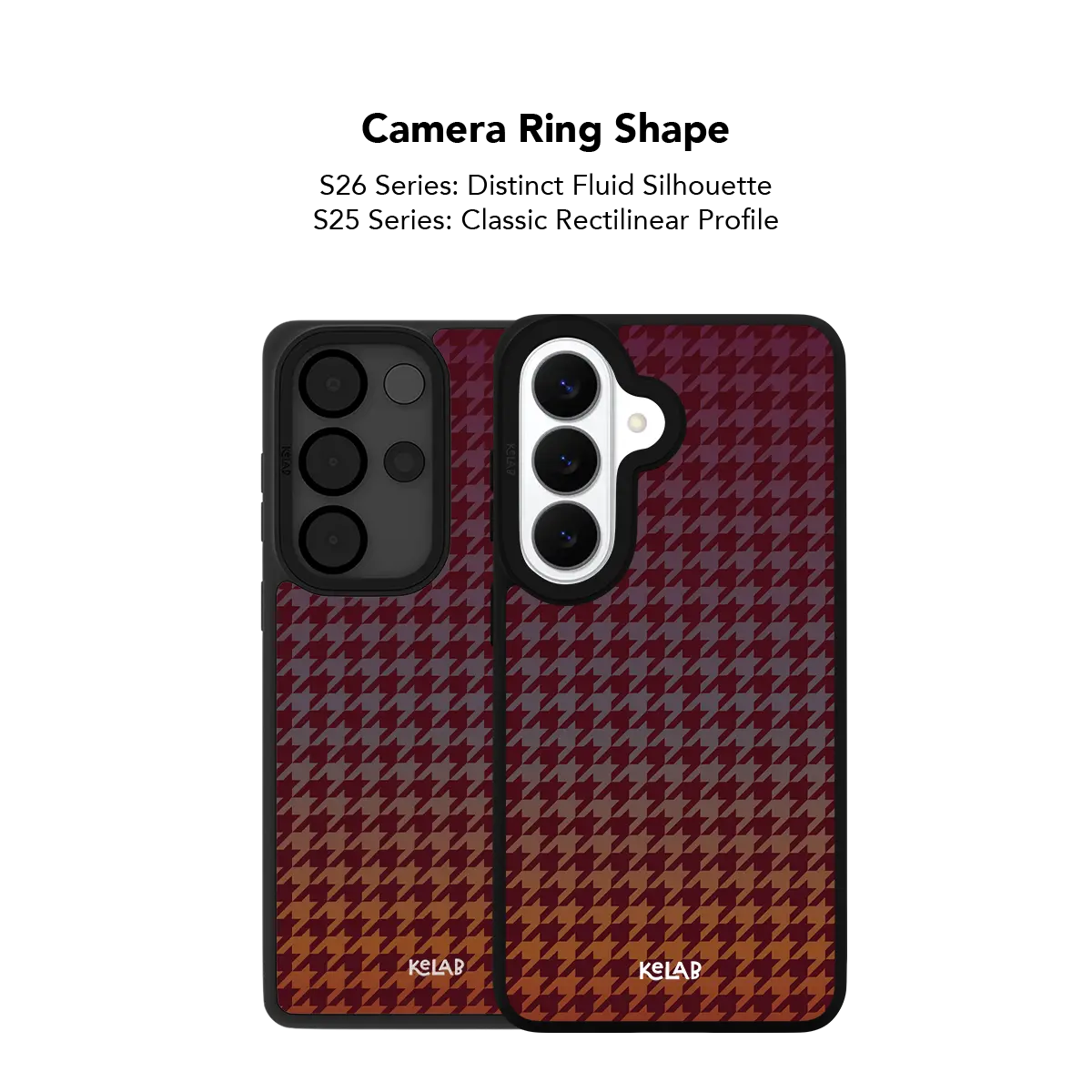 Close up of the camera ring cutout on the burgundy houndstooth Samsung Galaxy case