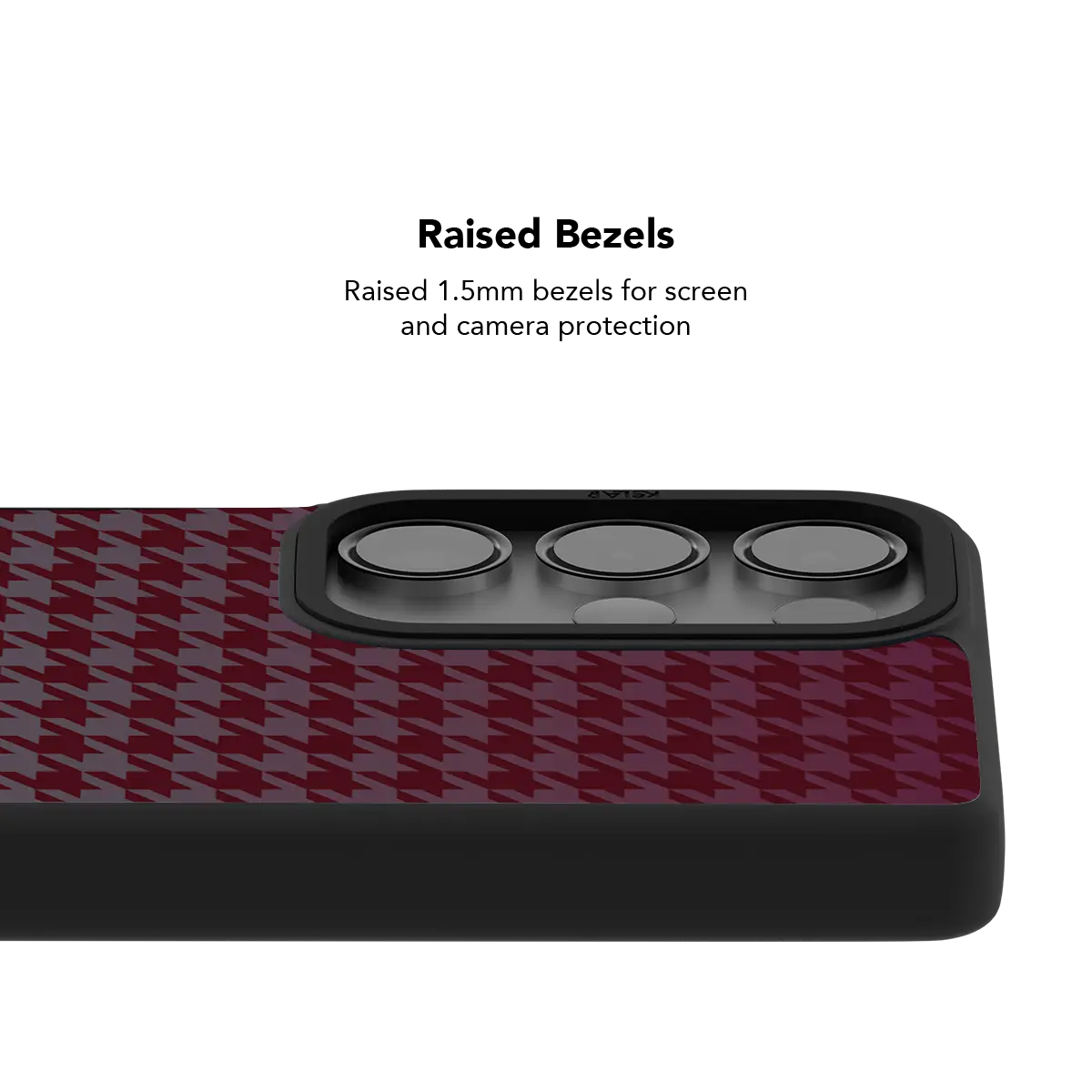Raised bezel on the burgundy houndstooth Galaxy case lifting the camera lenses clear of a flat surface