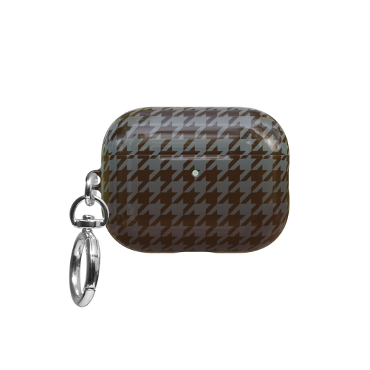 Brown Houndstooth Old Money airpods pro case front view with closed lid and keychain