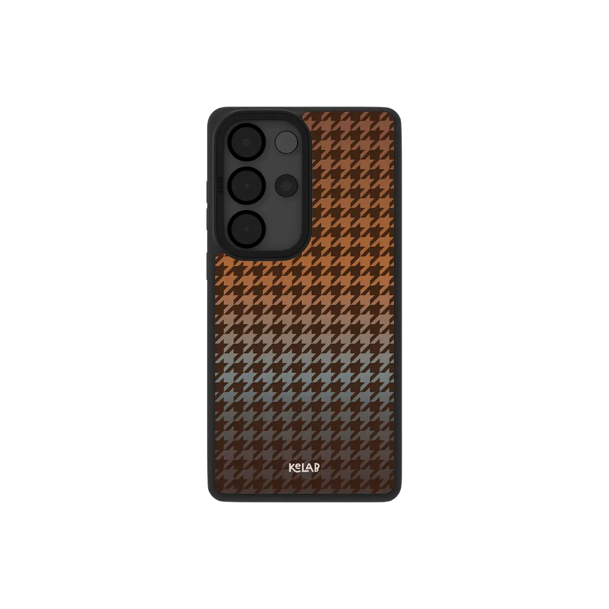 Brown houndstooth Samsung Galaxy case, back view with oak and burnt orange gradient weave around the camera cutout