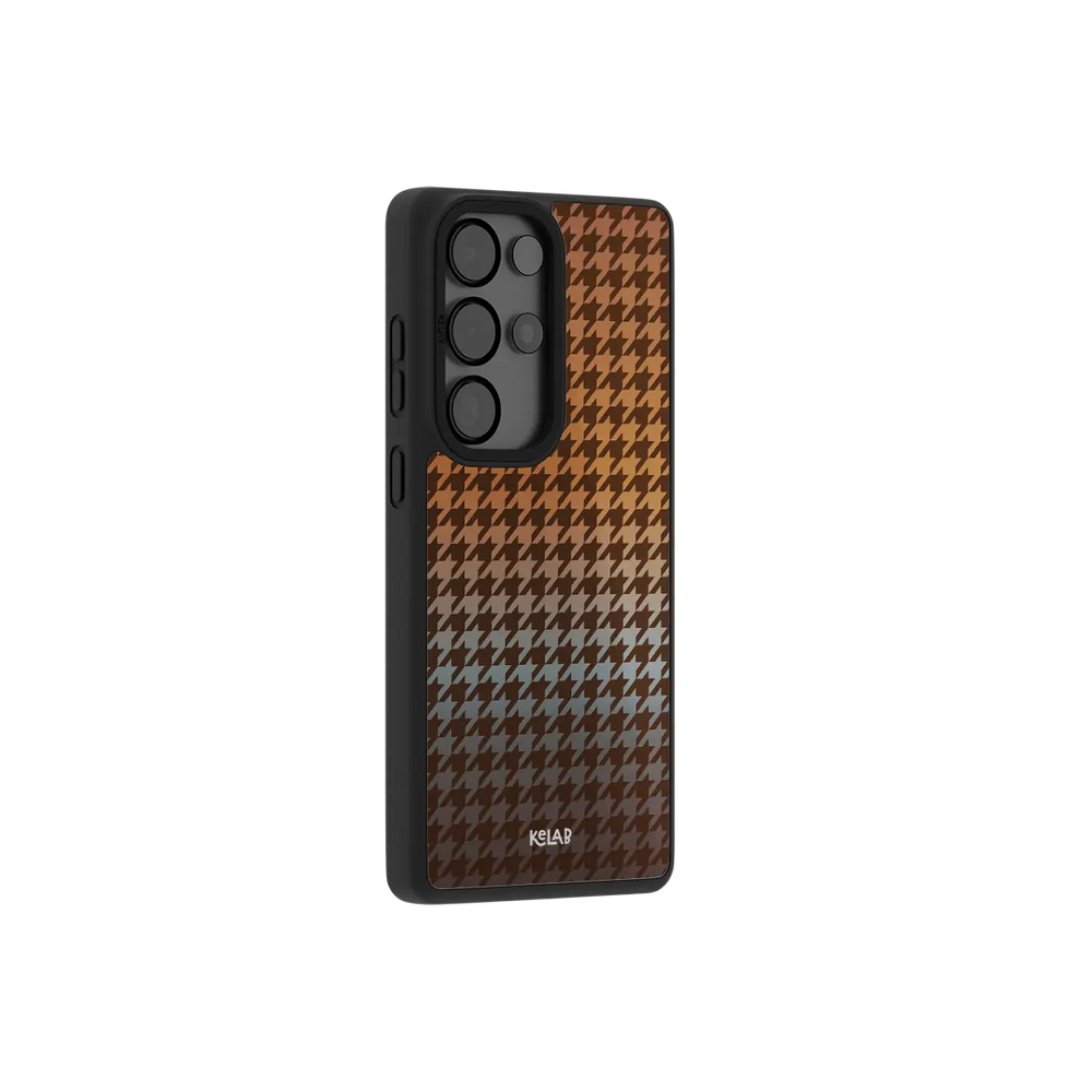 Brown houndstooth Samsung Galaxy case at a side angle showing the wrapped button covers